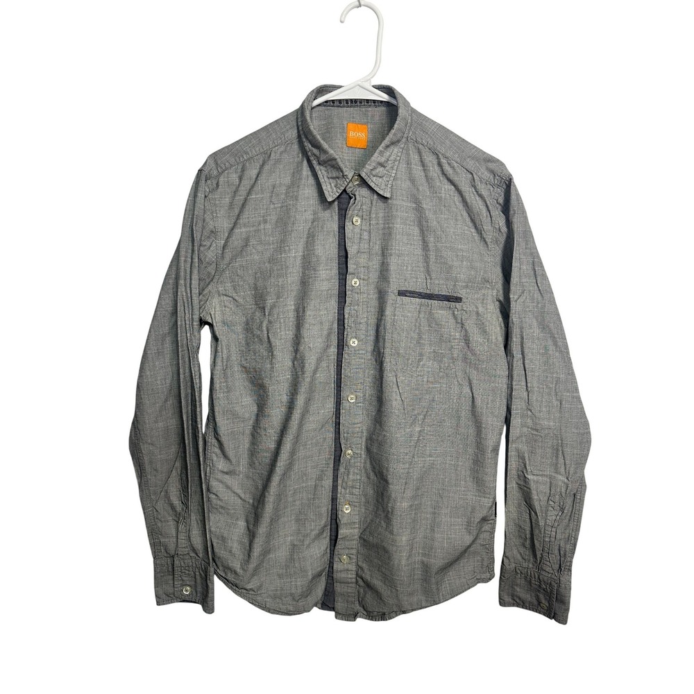 Hugo Boss Orange Mens Grey Crosshatch Button Down Long Sleeve Shirt Large‎